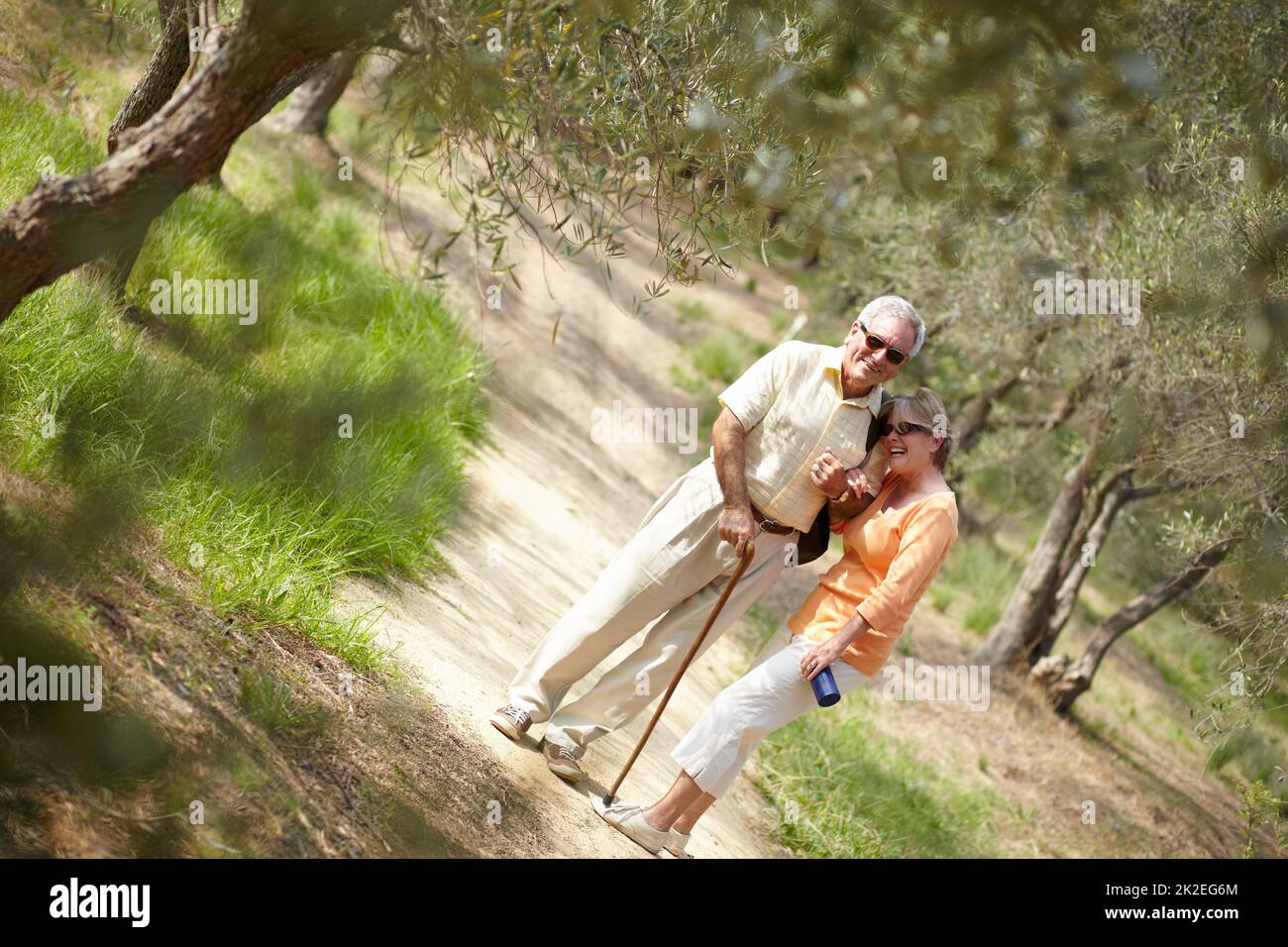 Enjoying a leisurely stroll through the woods. A senior couple walking together along a forest trail. Stock Photo