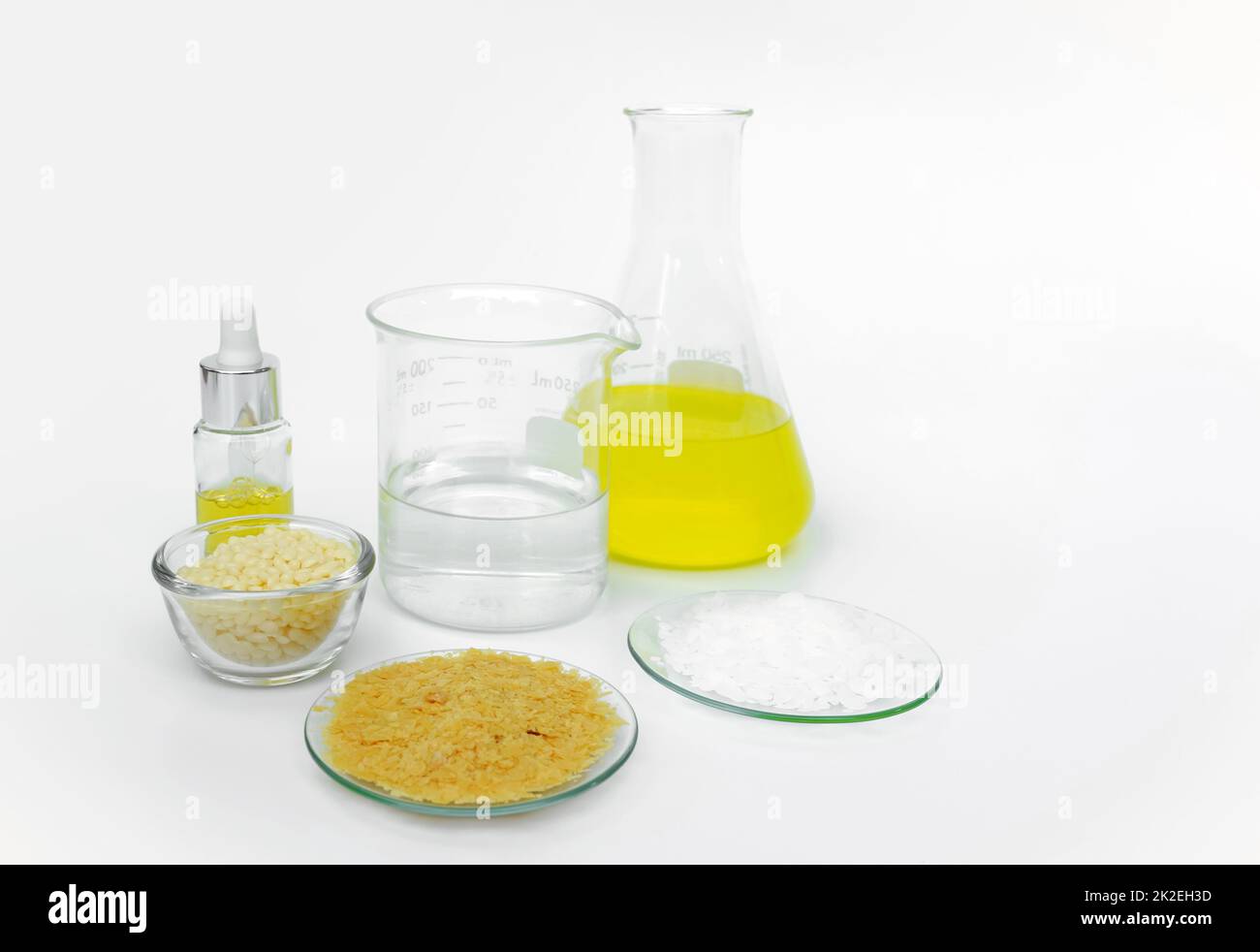 Cosmetic chemicals ingredient on white laboratory table. Carnauba Wax
