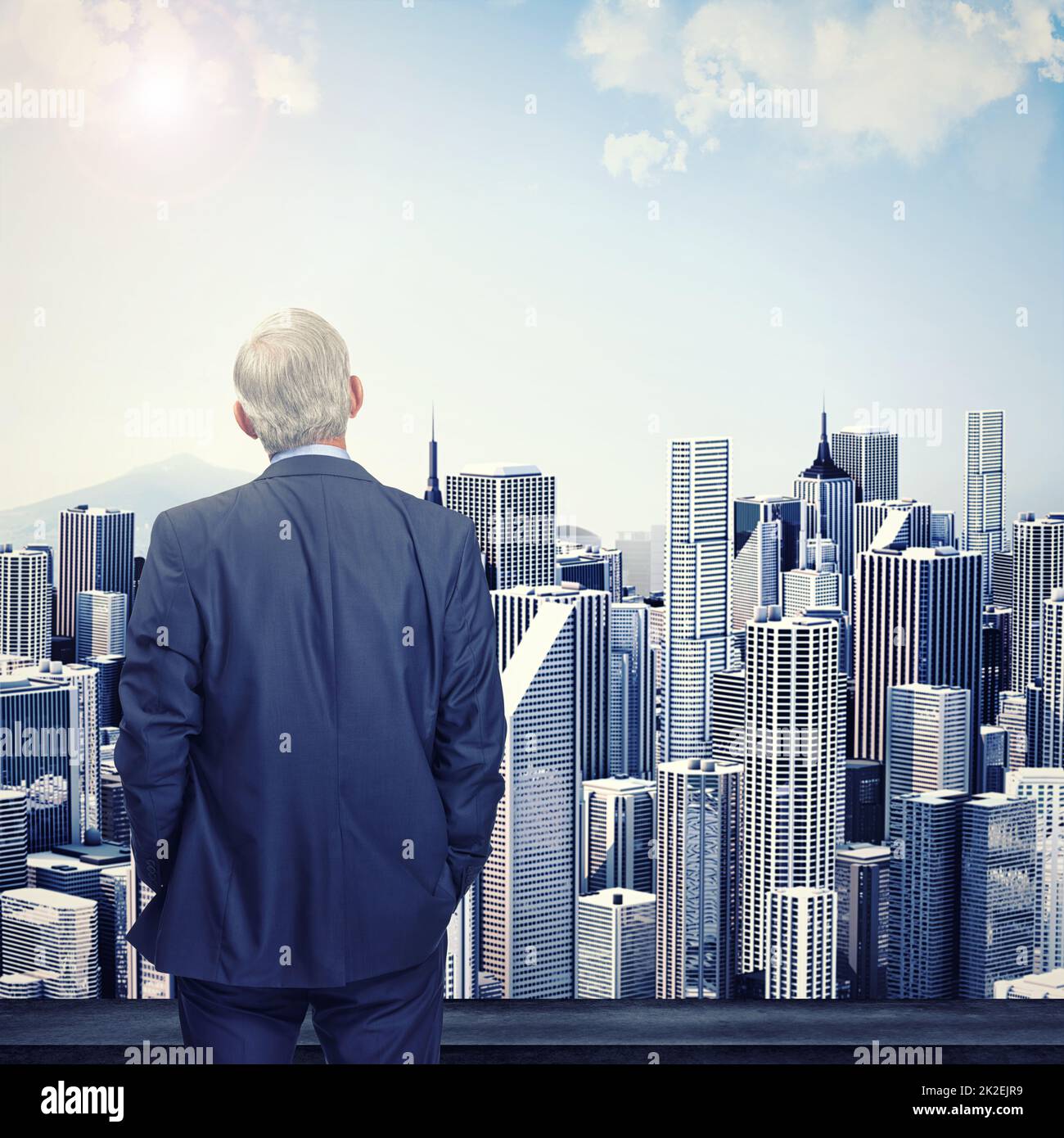 Ive reached the top. Rearview shot of a businessman surveying a city skyline. Stock Photo