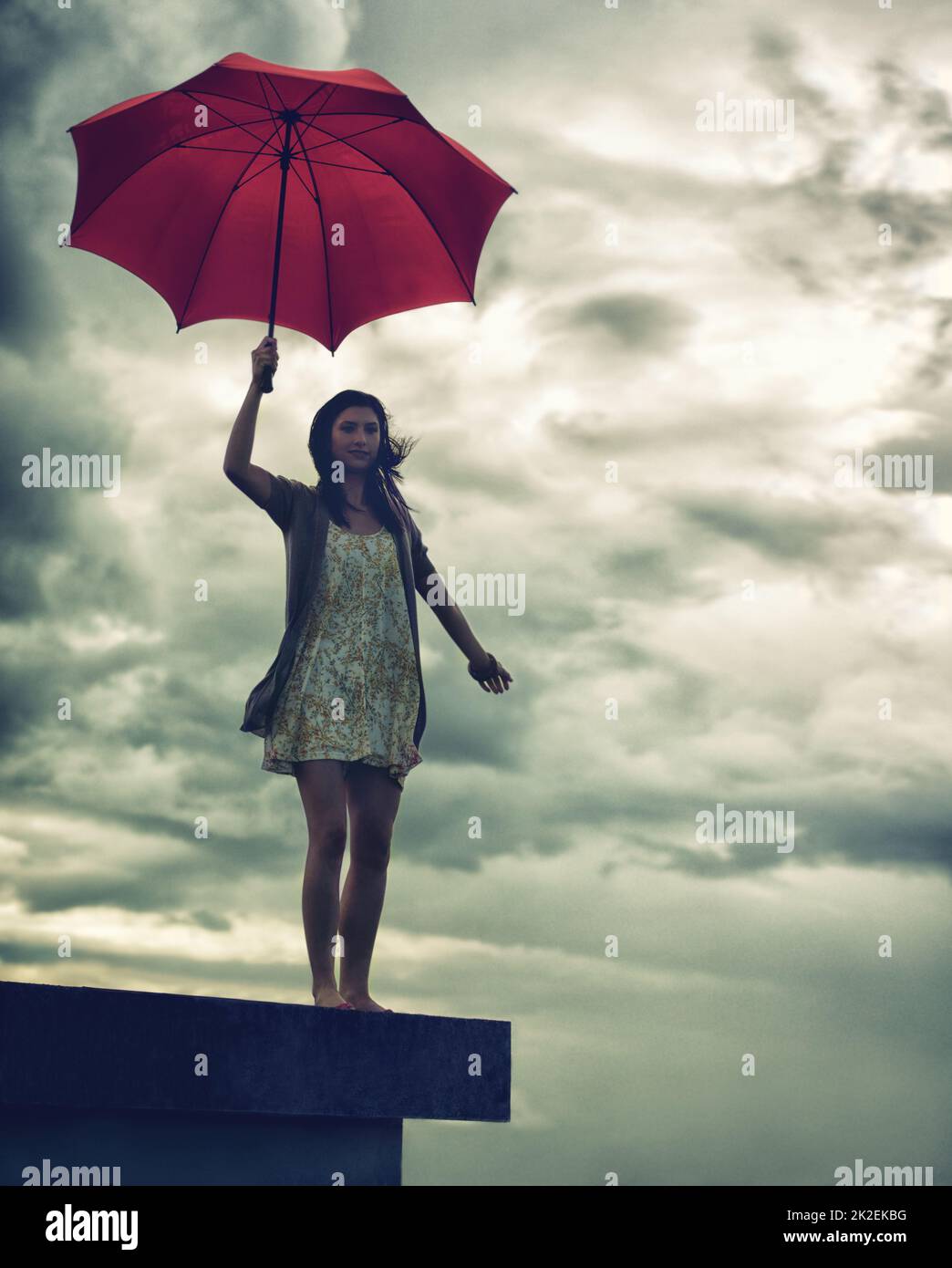 Ready to face lifes storms. Cute young woman holding an umbrella while standing on a rooftop. Stock Photo