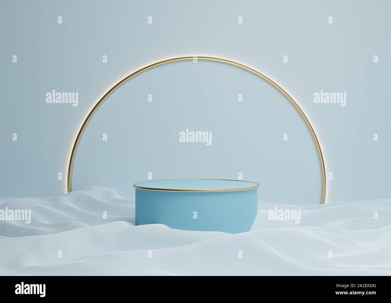 Light, pastel, baby blue 3D rendering luxurious product display podium or stand minimal composition with golden arch line in background and light Stock Photo