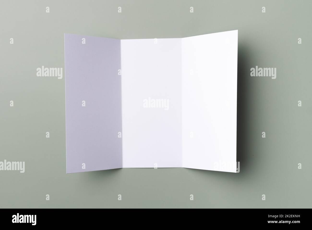 Mockup of white trifold brochure on a pale green background. Paper empty blank. Stock Photo