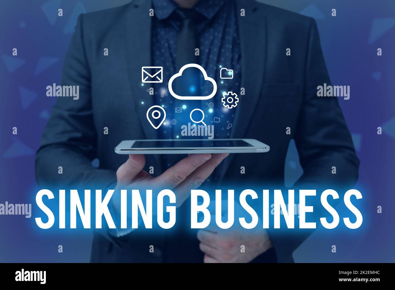 Writing displaying text Sinking Business. Business approach the company or other organization that is failing Man holding Screen Of Mobile Phone Showing The Futuristic Technology. Stock Photo