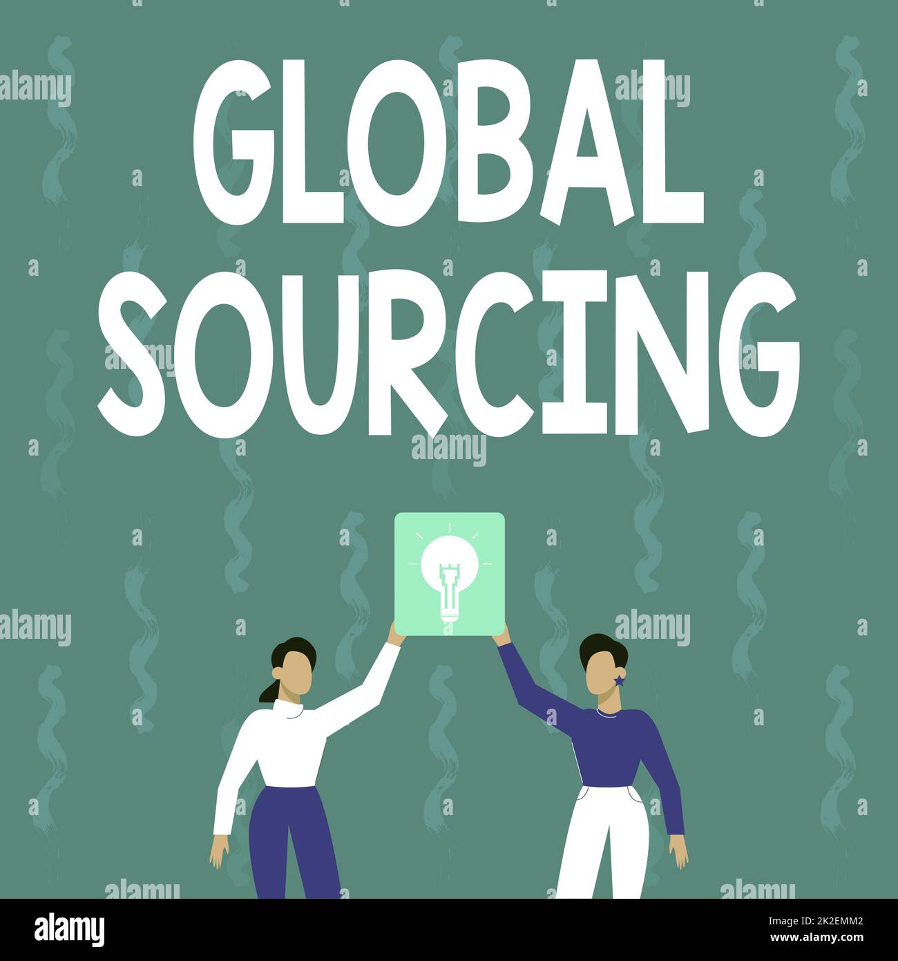 Text caption presenting Global Sourcing. Business idea practice of sourcing from the global market for goods Two Colleagues Holding Lamp Presenting New Achievement Reached. Stock Photo