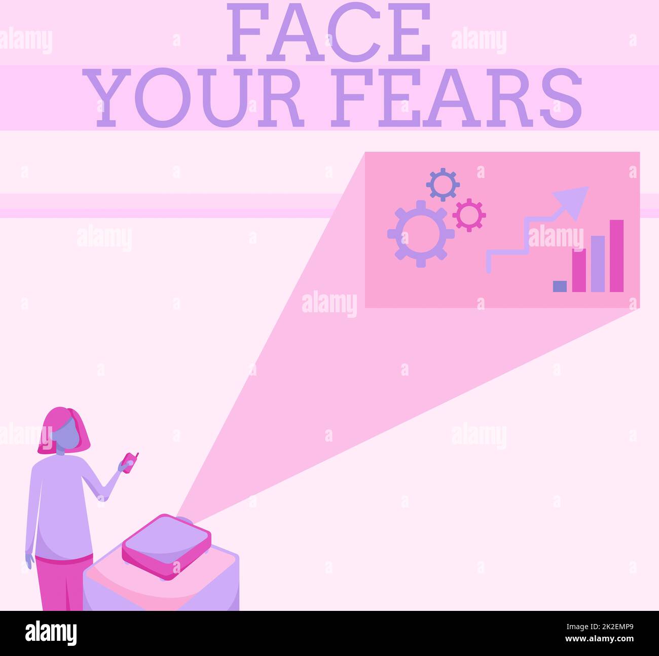 Conceptual caption Face Your Fears. Concept meaning Have the courage to overcome anxiety be brave fearless Lady Standing Holding Projector Remote Control Presenting Graph Growth. Stock Photo