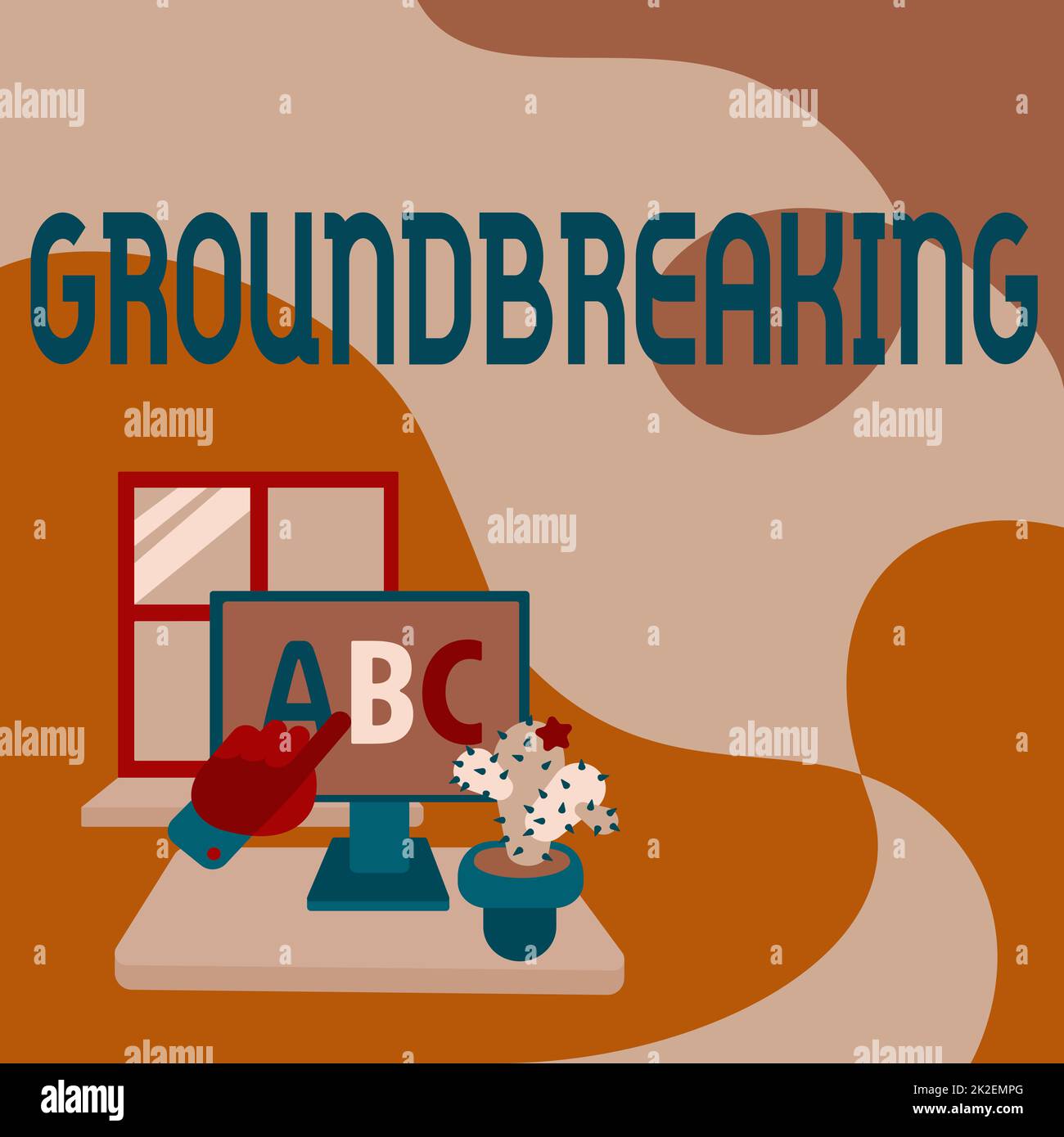 Inspiration showing sign Ground Breaking. Business concept Very new and a big change from other things of its type Hand Showing Letters Pointing Web Browser Screen With Cactus On Side. Stock Photo