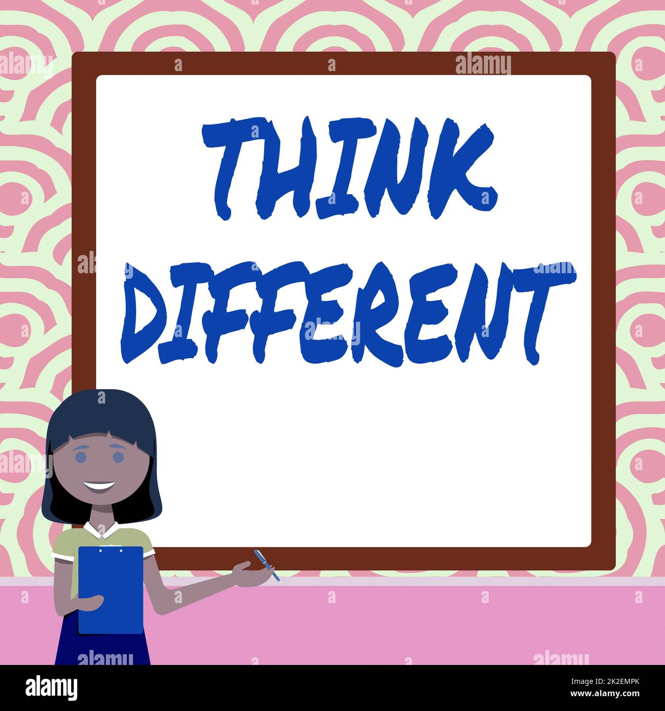 Writing displaying text Think Different. Business approach be unique with your thoughts or attitude Wind of change Lady Drawing Standing Holding Clipboard Presenting New Ideas To Team Stock Photo