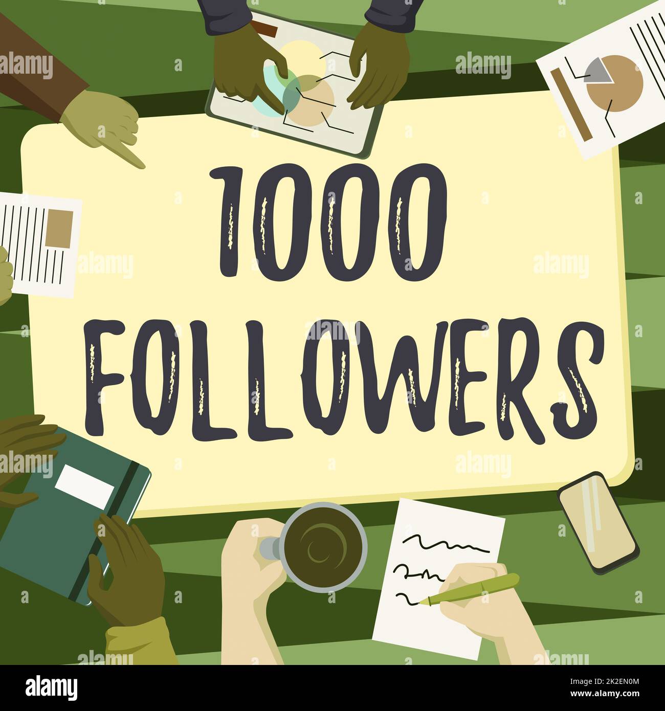 Text sign showing 1000 Followers. Word Written on number of individuals who follows someone in Instagram Colleagues Office Meeting Having Coffee Discussing Future Projects Charts. Stock Photo