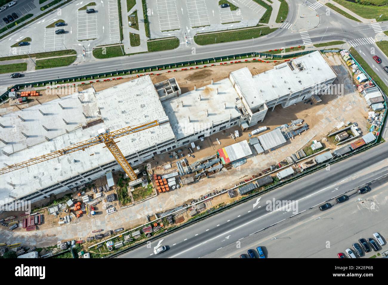 construction site with crane and building materials. commercial or office building construction. aerial view. Stock Photo