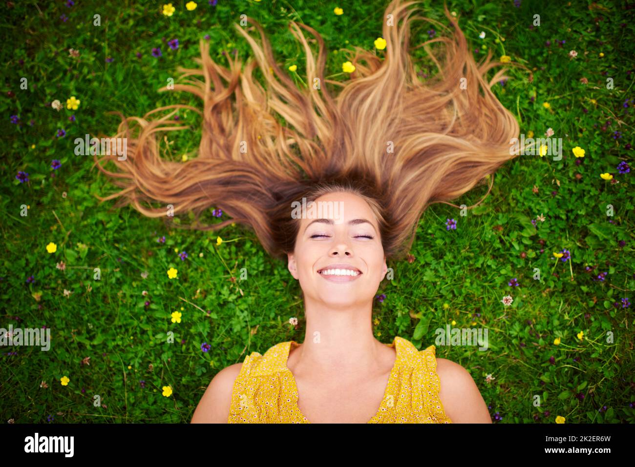 When youre happy everyday is a good hair day. High angle shot of a carefree young woman relaxing in a field of grass and flowers. Stock Photo