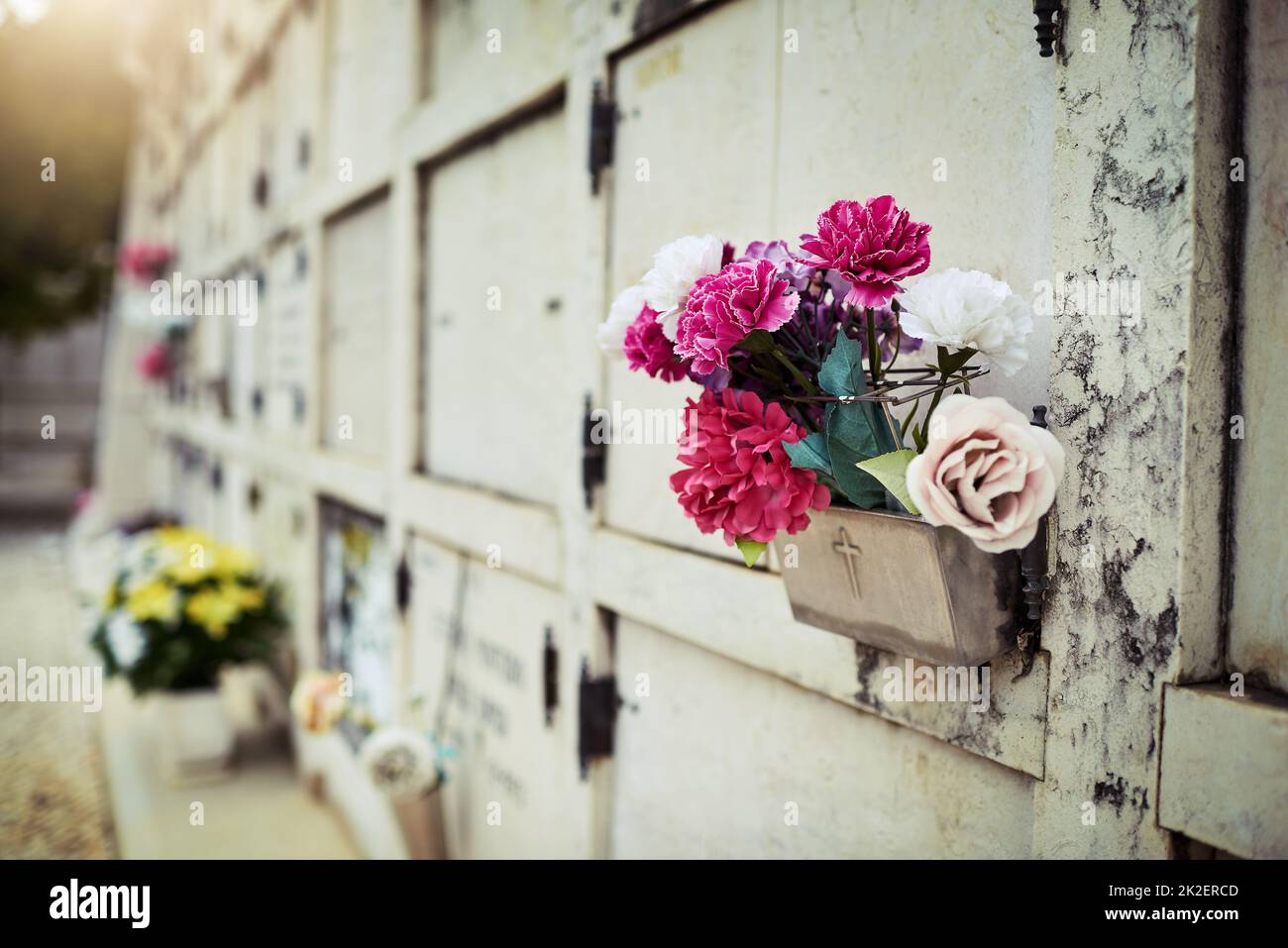 Flowers for the deceased. Shot of a row of graves situated next to each other inside of a graveyard outside during the day. Stock Photo