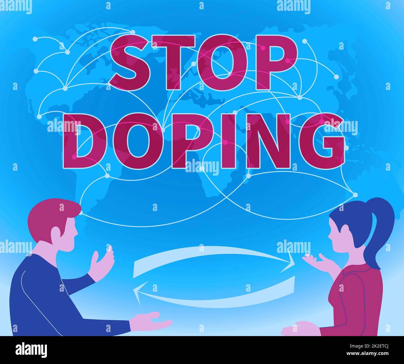 Handwriting text Stop Doping. Business showcase do not use use banned athletic performance enhancing drugs Two Teammates Discussing New Ideas World Map Brainstorming New Solutions. Stock Photo