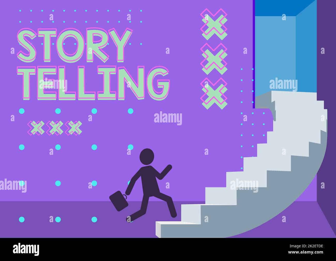 Handwriting text Story Telling. Word Written on social and cultural Activity with Theatrical Gestures Gentleman In Suit Running Upwards On A Large Stair Steps Showing Progress. Stock Photo