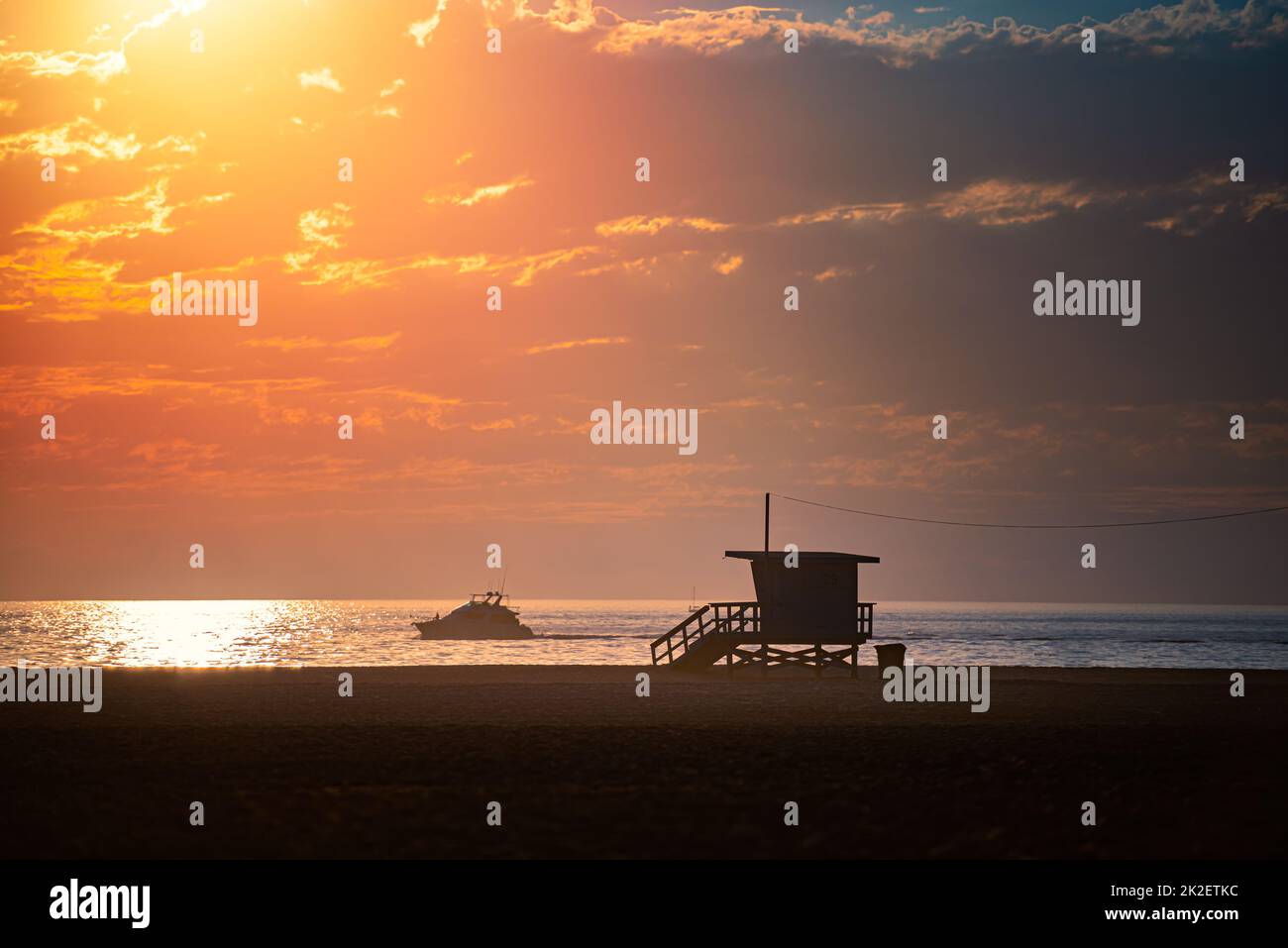 Lifeguard crew and cabin on beach in Santa Monica Stock Photo