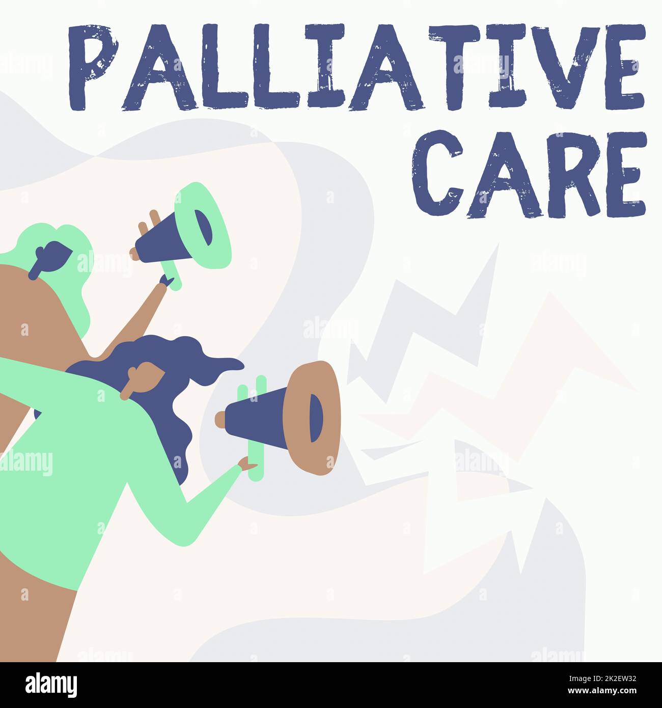 Sign displaying Palliative Care. Business overview specialized medical care for showing with a serious illness Women Drawing Holding Megaphones Making Announcement To The Public. Stock Photo