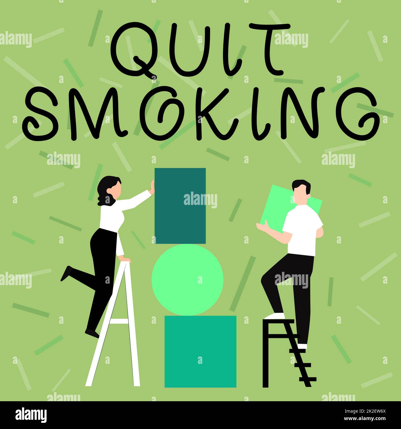 Hand writing sign Quit Smoking. Word Written on process of discontinuing tobacco and any other smokers Couple Drawing Using Ladder Placing Big Empty Picture Frames To A Wall. Stock Photo