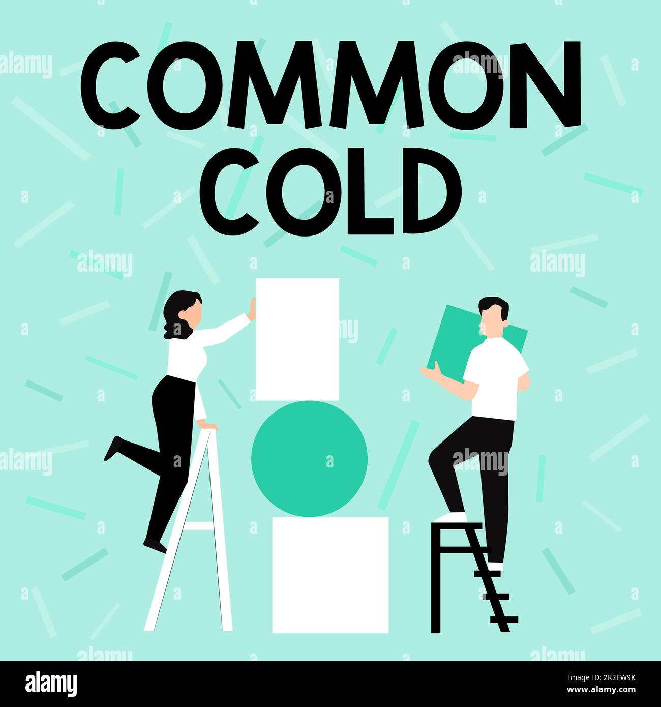 Handwriting text Common Cold. Concept meaning viral infection in upper respiratory tract primarily affecting nose Couple Drawing Using Ladder Placing Big Empty Picture Frames To A Wall. Stock Photo