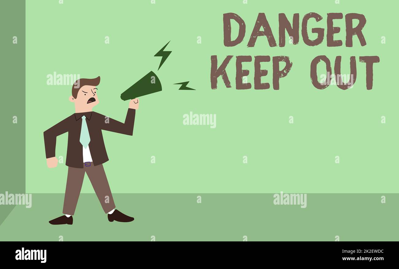 Conceptual caption Danger Keep Out. Word for Warning be alert stay away from this point safety sign Man Standing Shouting Over Megaphone Presenting New Announcment. Stock Photo