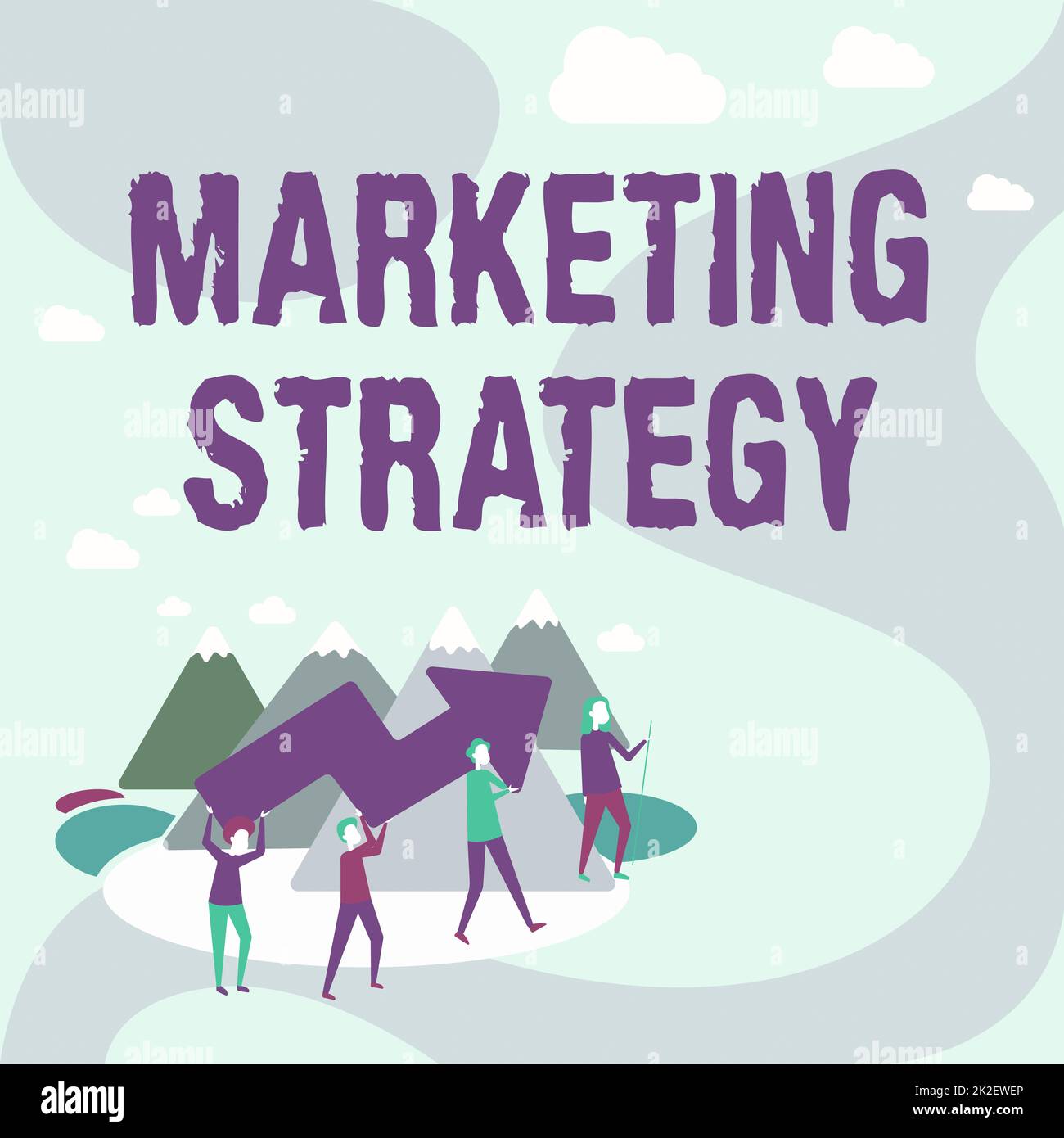 Conceptual display Marketing Strategy. Concept meaning Scheme on How to Lay out Products Services Business Four Colleagues Illustration Climbing Mountain Holding Large Arrow. Stock Photo