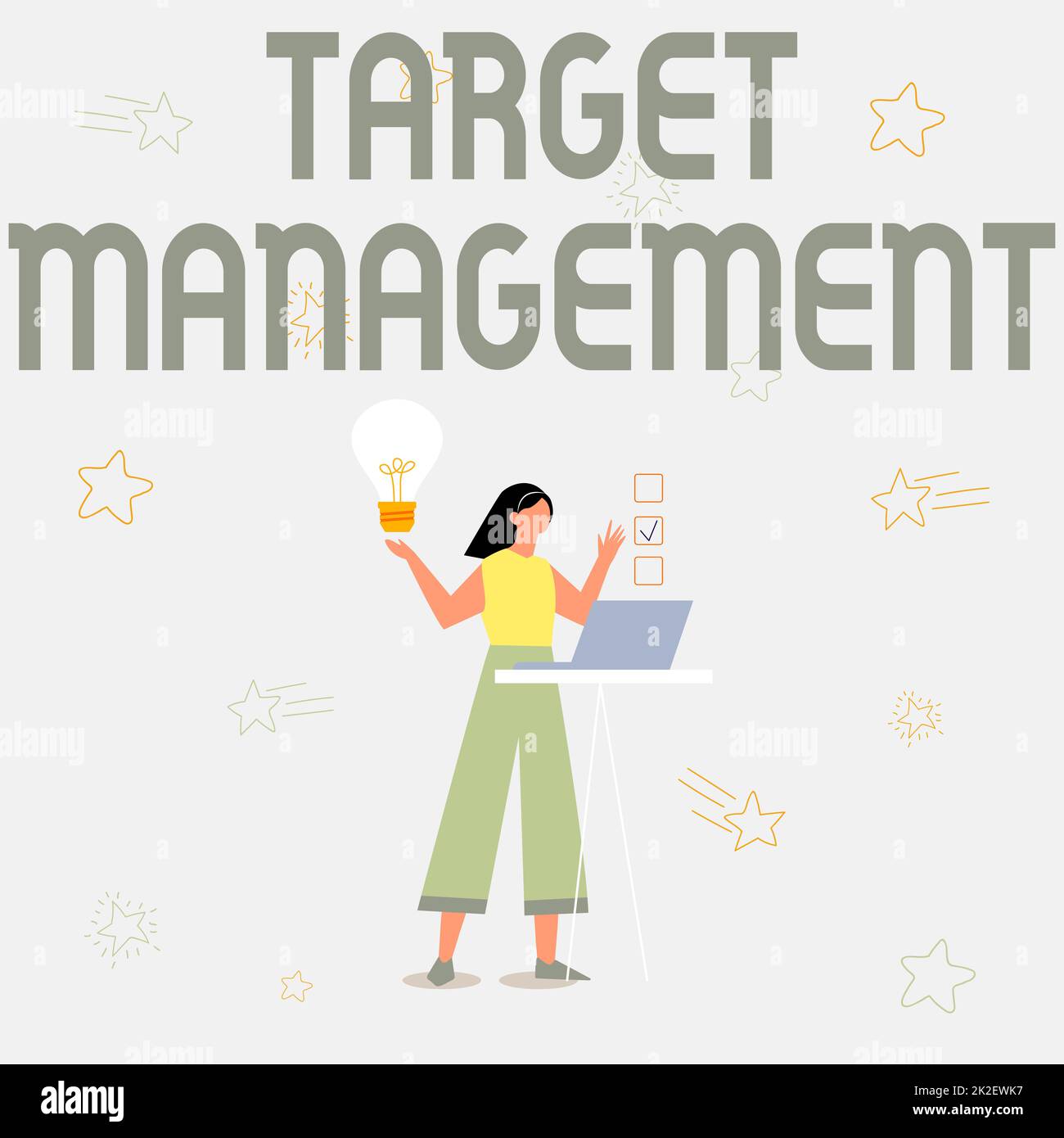 Conceptual display Target Management. Concept meaning nurturing the engagement of customers in the business Illustration Of Girl Using Laptop Having Ideas And Making Checklist. Stock Photo