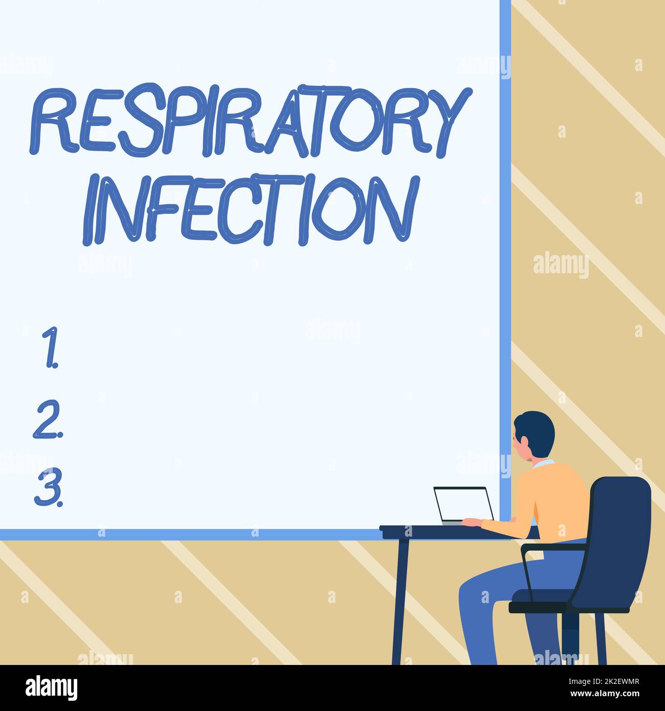 Text showing inspiration Respiratory Infection. Internet Concept any infectious disease that directly affects the normal breathing Man Sitting Armchair Using Laptop Placed On Table With Large Blank Board. Stock Photo