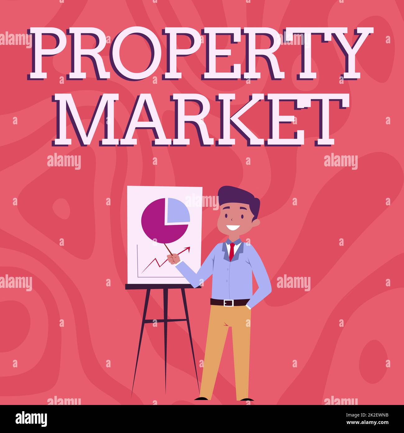 Writing displaying text Property Market. Business idea the buying and selling of land and buildings Estate market Businessman Wearing Casual Standing Presenting Charts And Ideas. Stock Photo