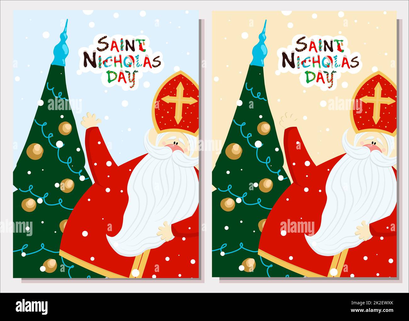 Saint nicholas day postcard. Postage congratulations. Christian holiday. An old man in a red miter and robe Stock Photo