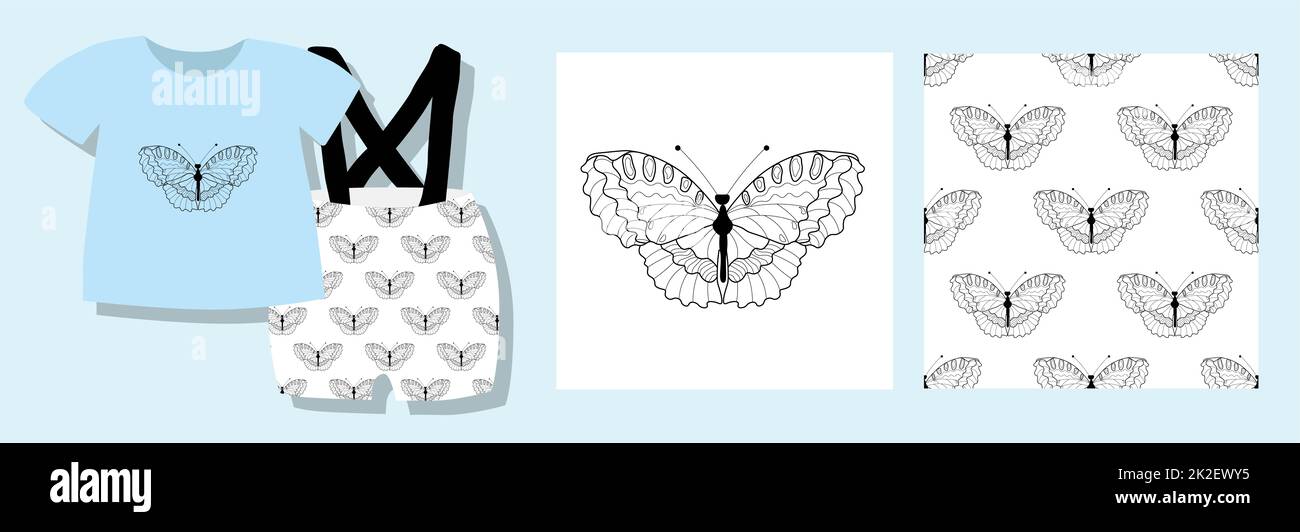 A funny print for baby clothes. Cute pattern with butterflies. T-shirt design. Vector illustration. Ready-made textile design kit. Seamless patterns. Butterfly character. Printed pajamas. insects Stock Photo