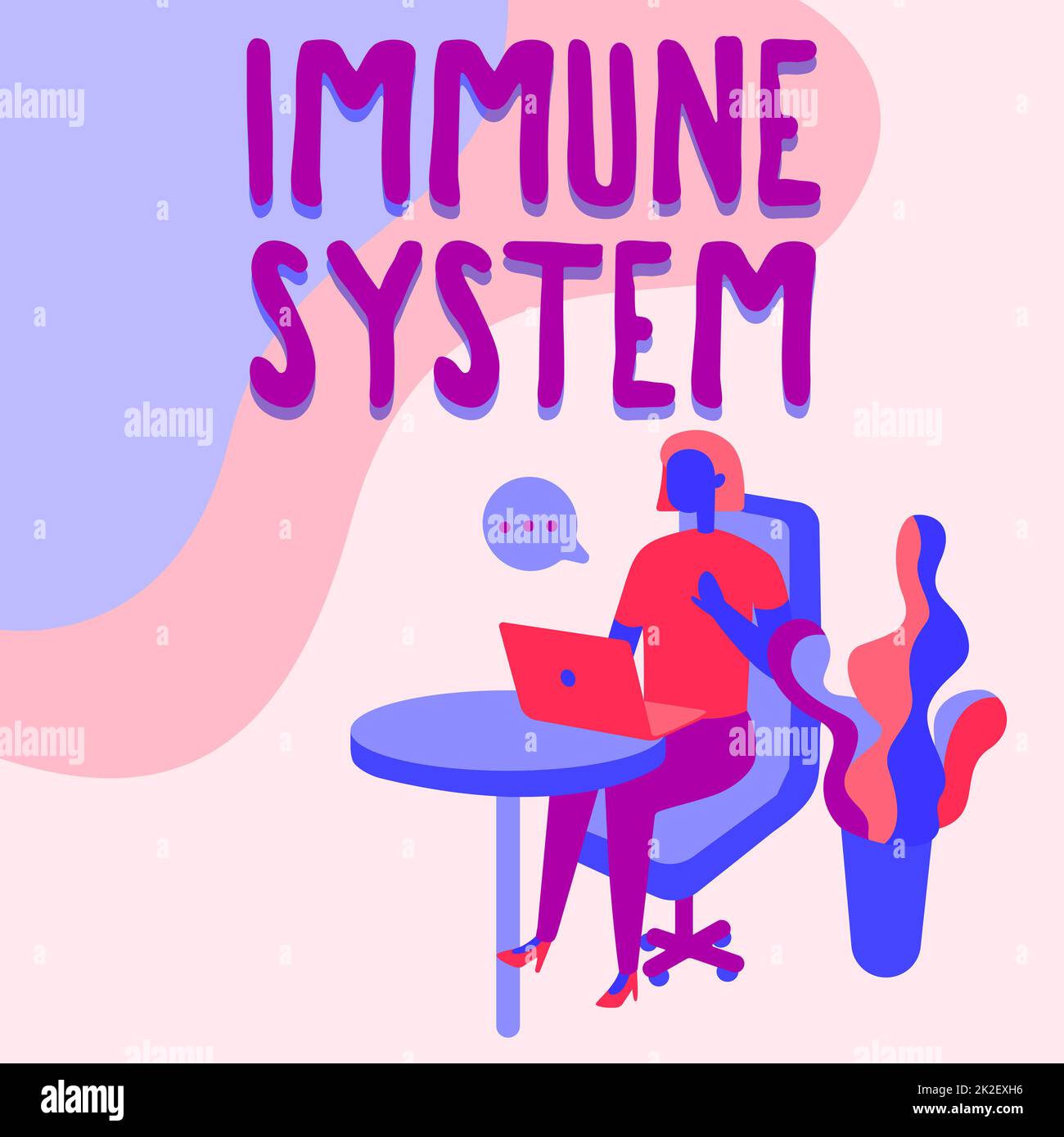 Writing displaying text Immune System. Word Written on host defense system comprising many biological structures Woman Sitting Office Desk Using Laptop With Speech Bubble Beside Plant. Stock Photo