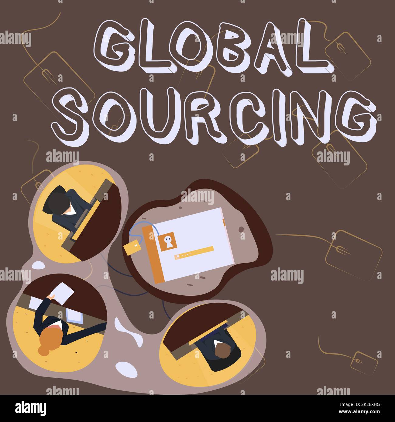 Conceptual display Global Sourcing. Business overview practice of sourcing from the global market for goods Colleagues Having Office Meeting Sharing Thoughts Showing New Project Plan. Stock Photo