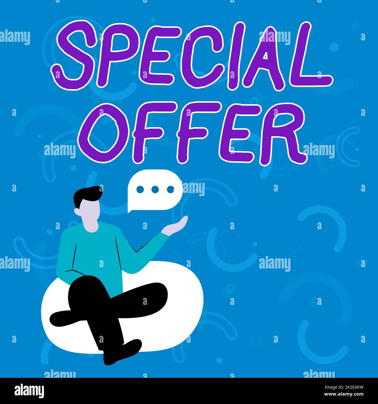 Text caption presenting Special Offer. Concept meaning Selling at a lower or discounted price Bargain with Freebies Illustration Of Businessman Sitting On Soft Sofa Chair Talking. Stock Photo