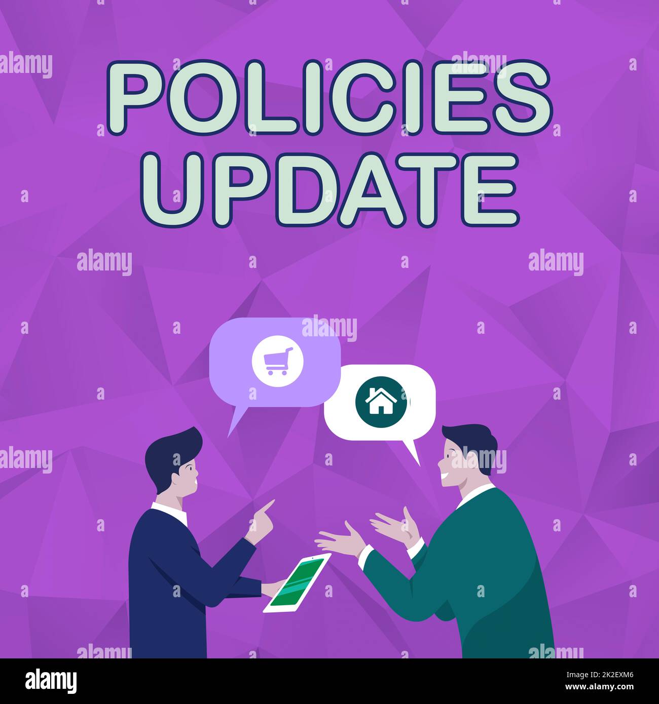 Writing displaying text Policies Update. Word for act of adding new information or guidelines formulated Two Men Colleagues Standing Sharing Thoughts Together With Speech Bubbles Stock Photo