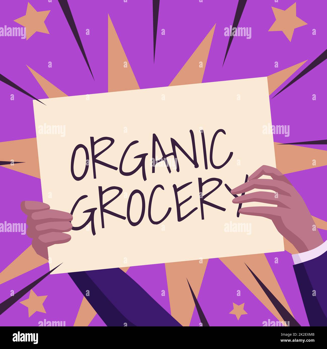 Handwriting text Organic Grocery. Conceptual photo market with foods grown without the use of fertilizers Hands Holding Paper Showing New Ideas Surrounded With Stars. Stock Photo