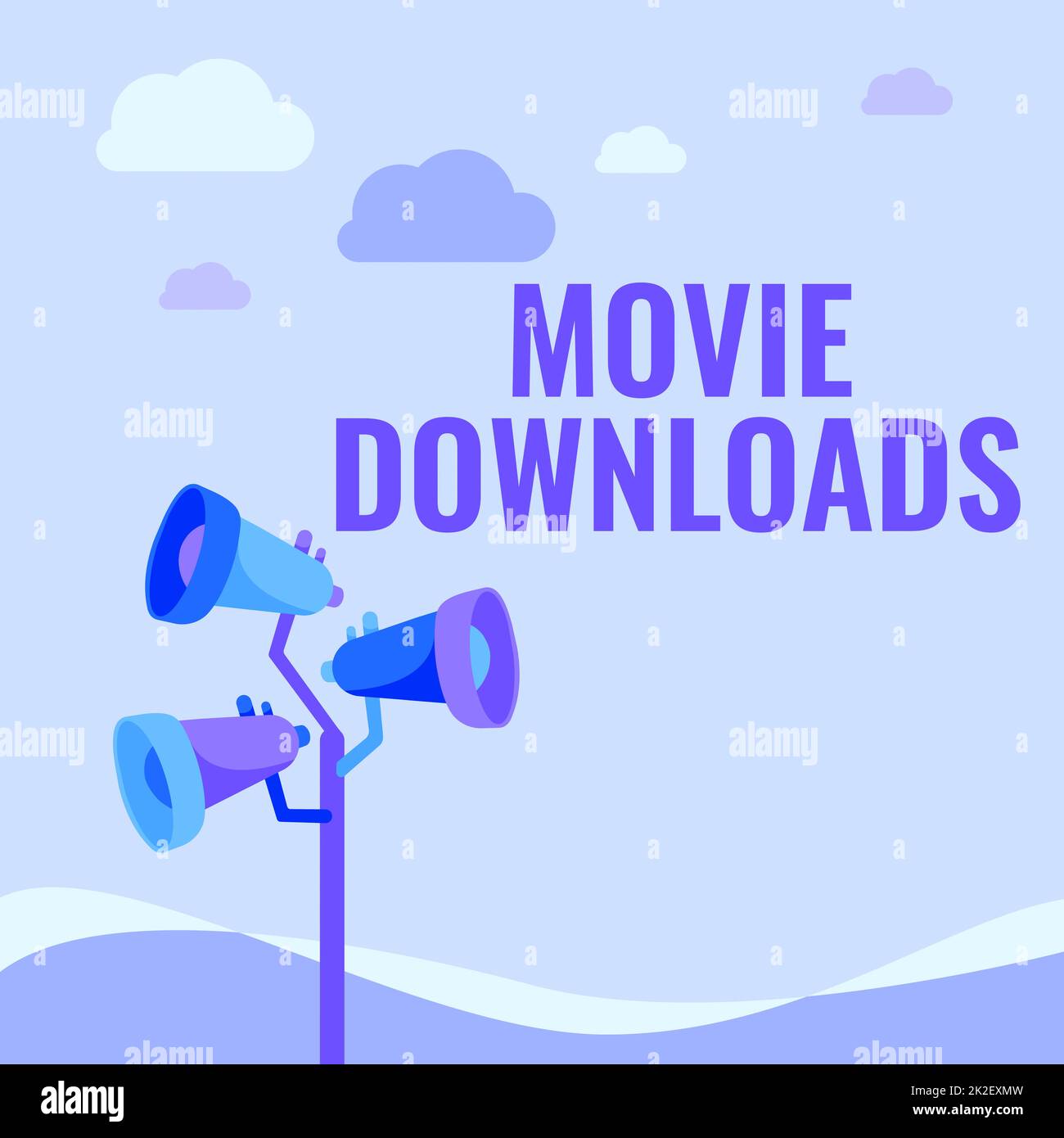 Text showing inspiration Movie Downloads. Word Written on transfers entire film for local storage and later use Pole Megaphones Drawing Making Announcement To An Open Space. Stock Photo
