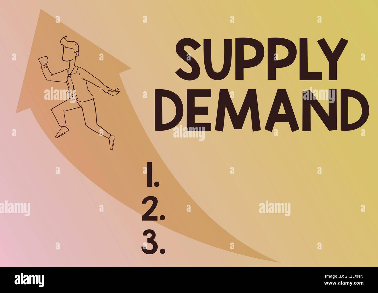 Conceptual caption Supply Demand. Business concept Relationship between the amounts available and wanted Illustration Happy Businessman Running Up With Arrow Got His Promotion. Stock Photo