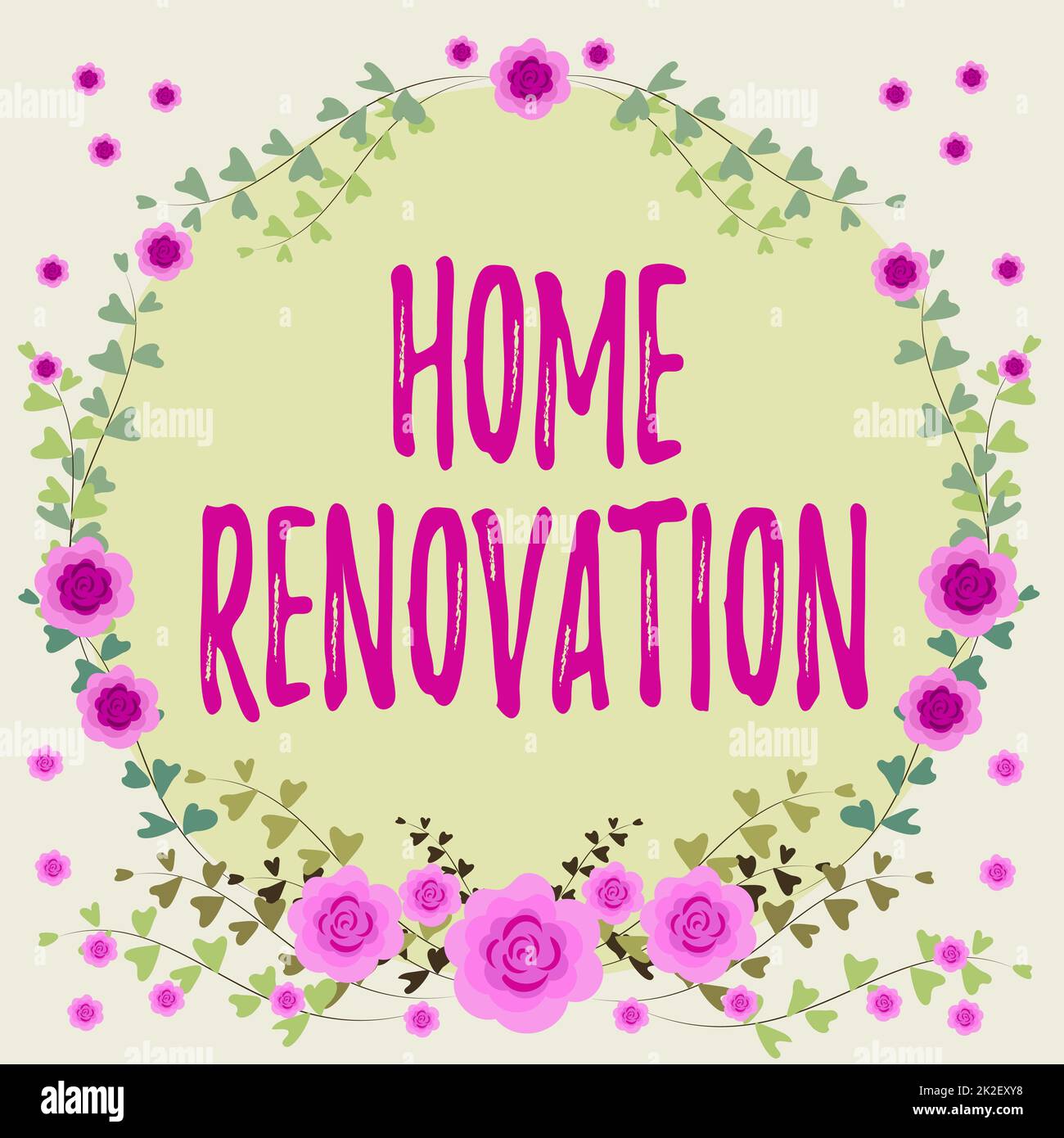 Conceptual display Home Renovation. Conceptual photo process of renovating or making additions to one s is home Frame Decorated With Colorful Flowers And Foliage Arranged Harmoniously. Stock Photo