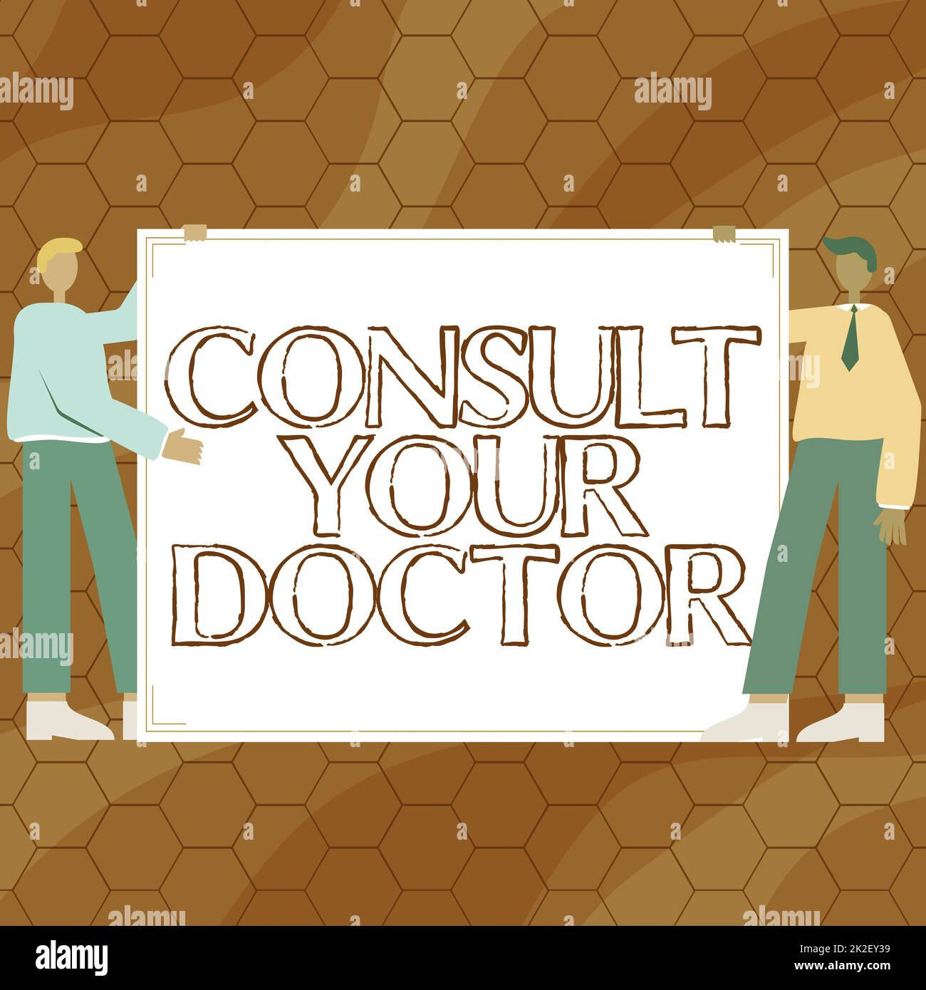 Hand writing sign Consult Your Doctor. Conceptual photo go to someone that studied in medical school for advice Two Men Drawing With Empty Paper Background Presenting New Ideas. Stock Photo