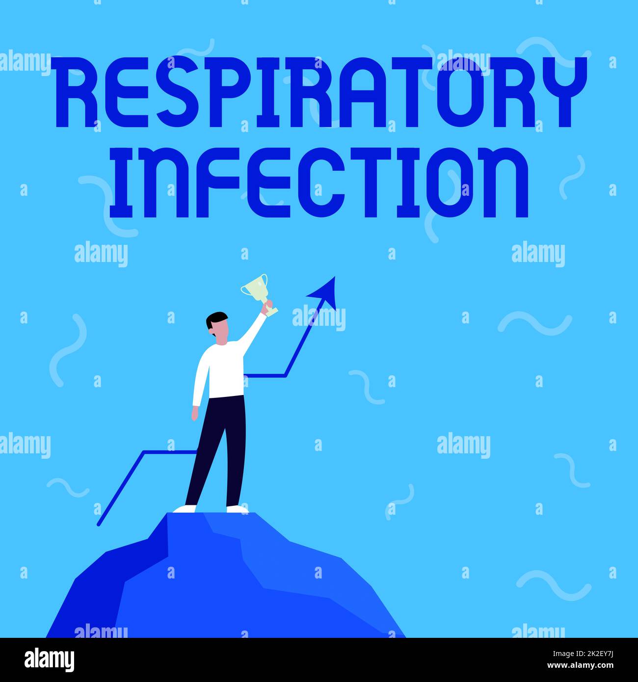 Sign displaying Respiratory Infection. Business idea any infectious disease that directly affects the normal breathing Businessman Drawing Standing On Big Rock Proudly Holding Trophy. Stock Photo