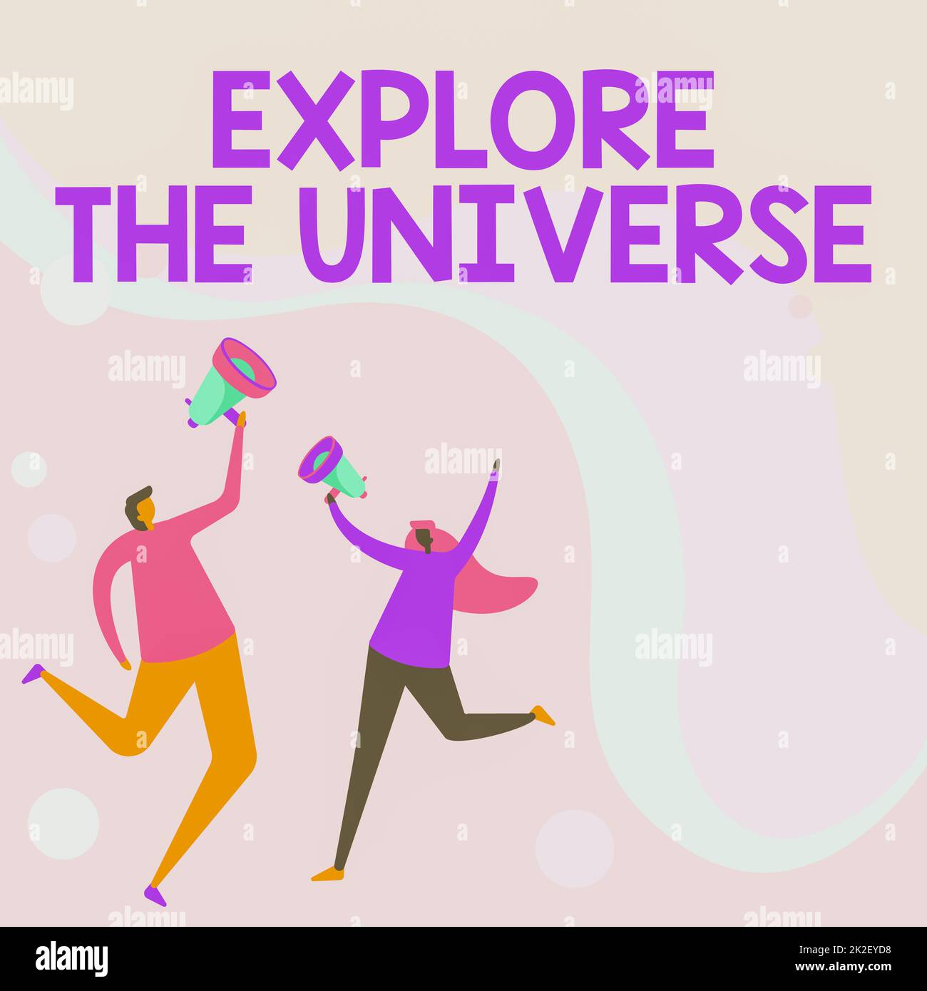 Conceptual display Explore The Universe. Business showcase Discover the space and time and their contents Illustration Of Partners Jumping Around Sharing Thoughts Through Megaphone. Stock Photo