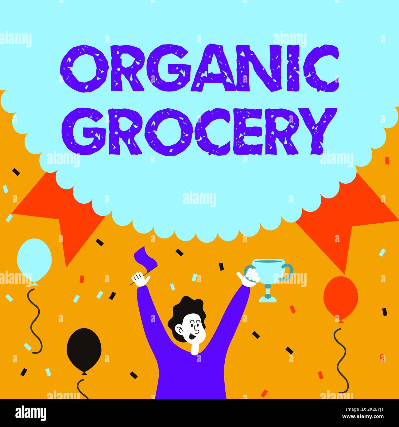 Writing displaying text Organic Grocery. Word for market with foods grown without the use of fertilizers Man Holding Trophy Celebrating Performance Surrounded With Balloons. Stock Photo