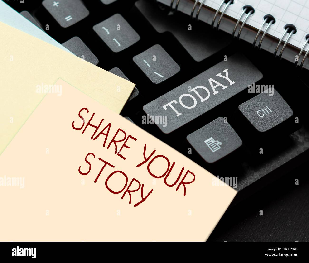 Conceptual display Share Your Story. Conceptual photo asking someone to about himself write life Biography Abstract Typing A Good Restaurant Review, Ordering Food Online Concept Stock Photo