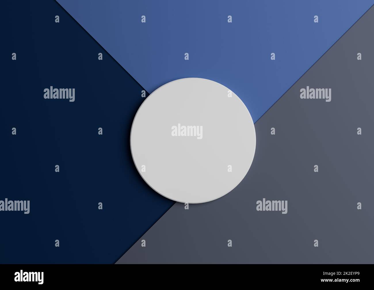 White circle stand or podium for product display. Top view 3D render of minimal colorful dark blue and gray paper composition background with copy space Stock Photo
