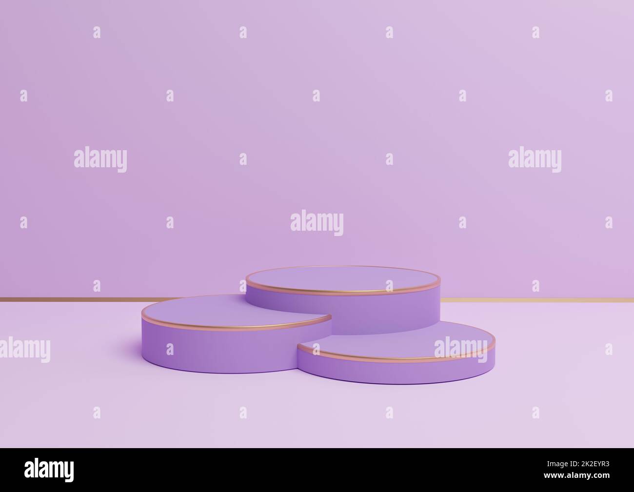 Light, pastel, lavender purple 3D rendering simple product display with three podiums or stand with golden line minimal background composition for luxurious products Stock Photo