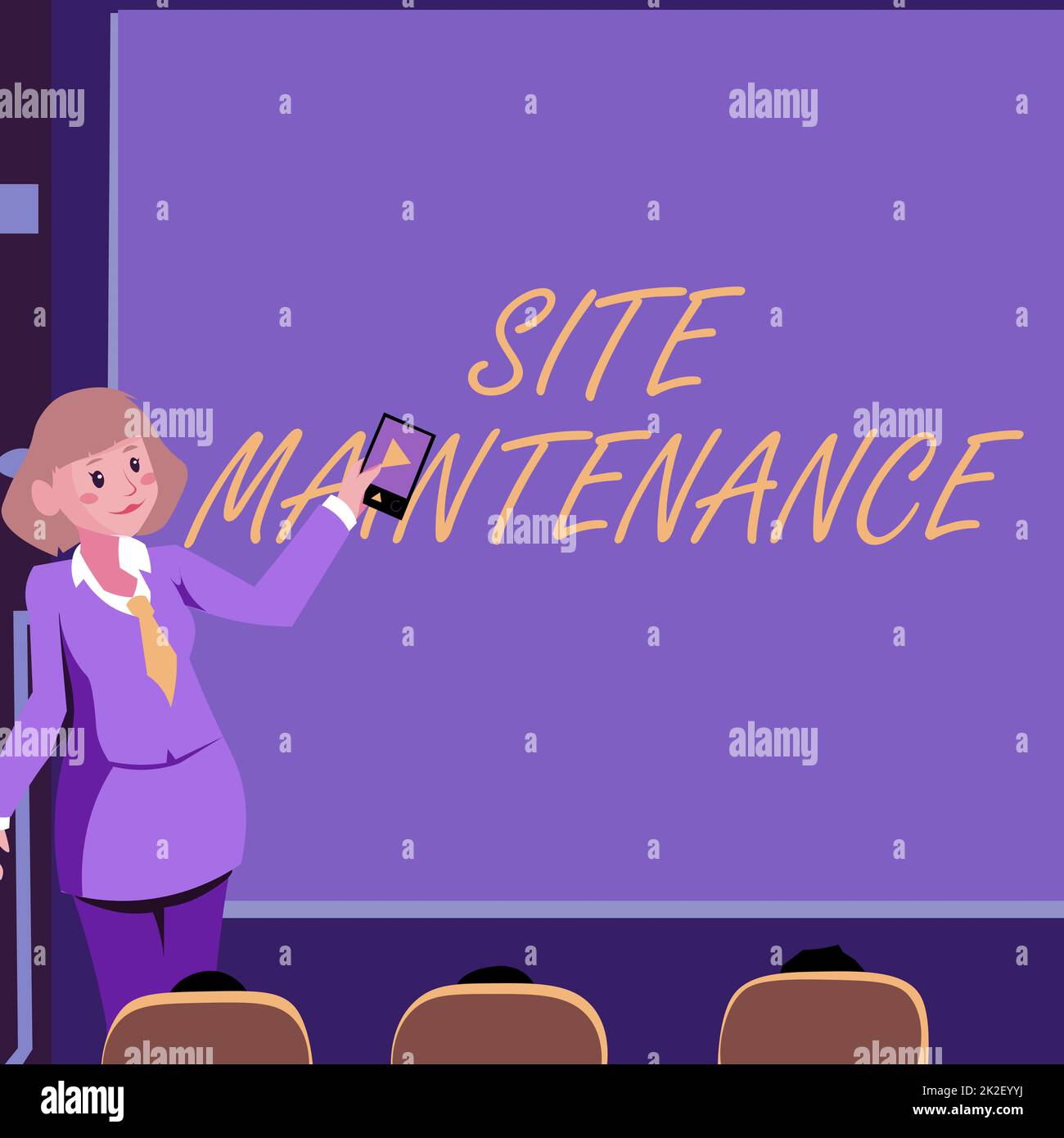 Text sign showing Site Maintenance. Business approach keeping the website secure updated running and bugfree Woman Holding Remote Control Presenting Newest Ideas On Backdrop Screen. Stock Photo