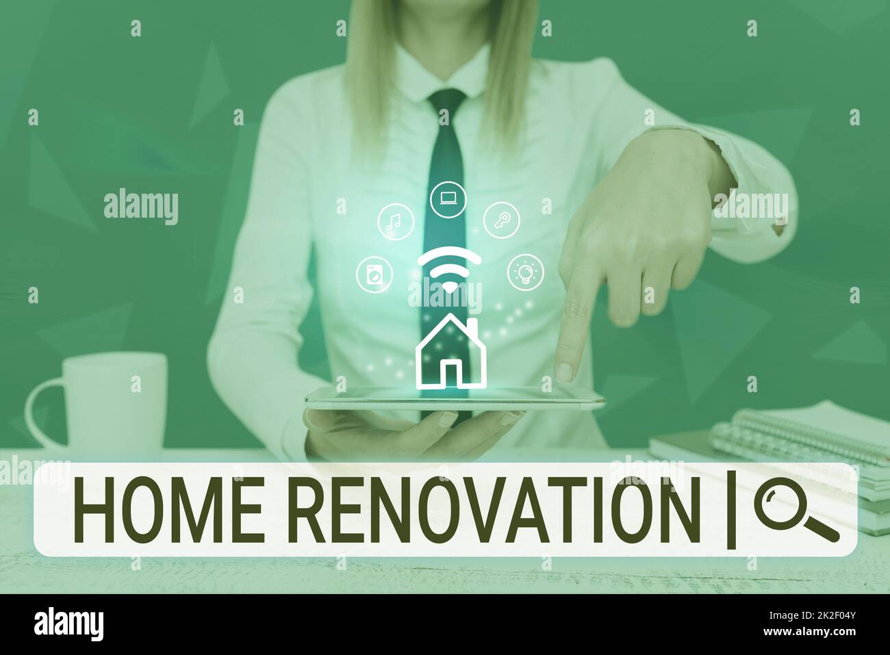 Handwriting text Home Renovation. Word Written on process of renovating or making additions to one s is home Lady Pressing Screen Of Mobile Phone Showing The Futuristic Technology Stock Photo