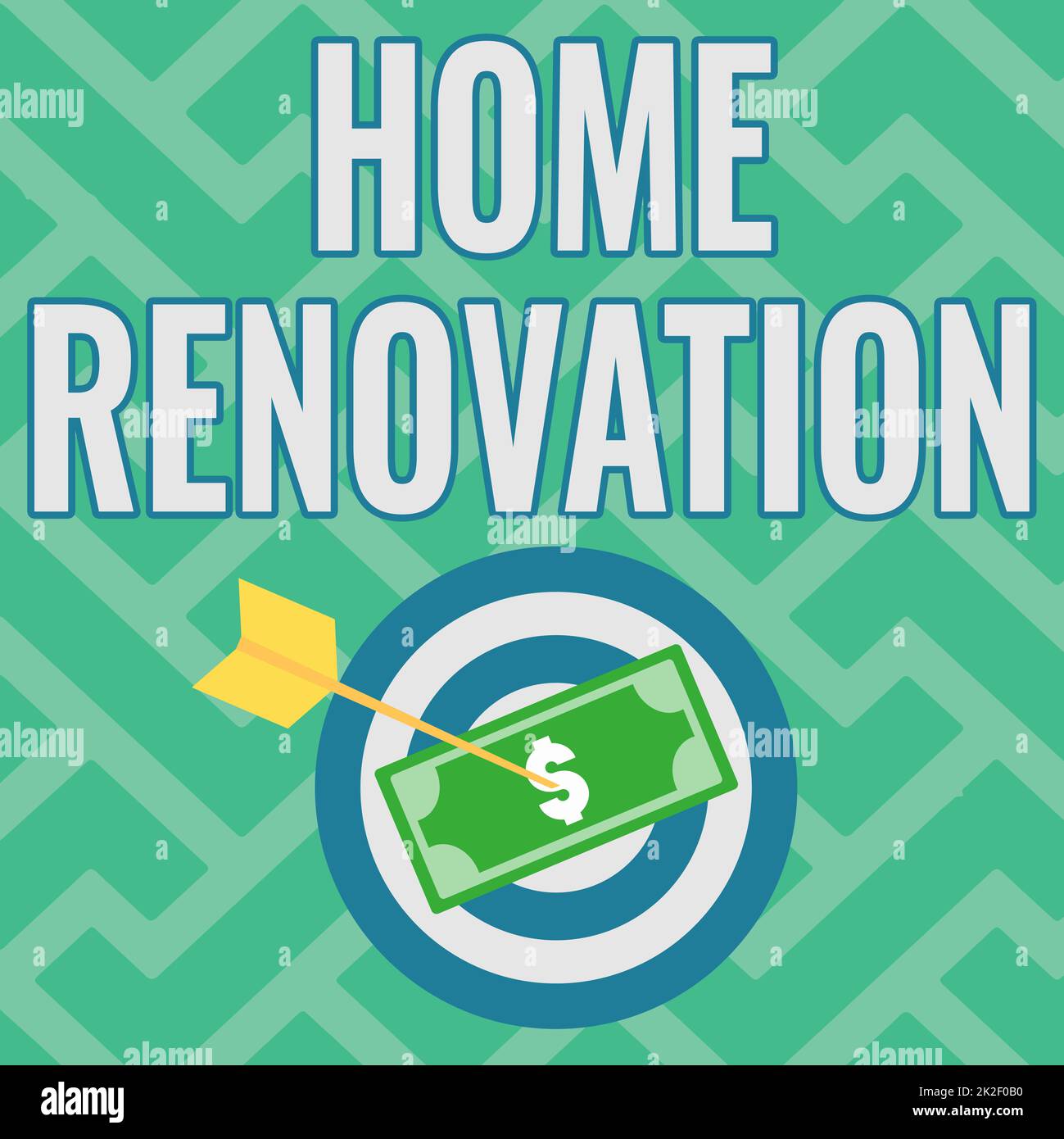 Text showing inspiration Home Renovation. Business idea process of renovating or making additions to one s is home Currency Pinned Through Target By Arrow Describing Financial Planning. Stock Photo