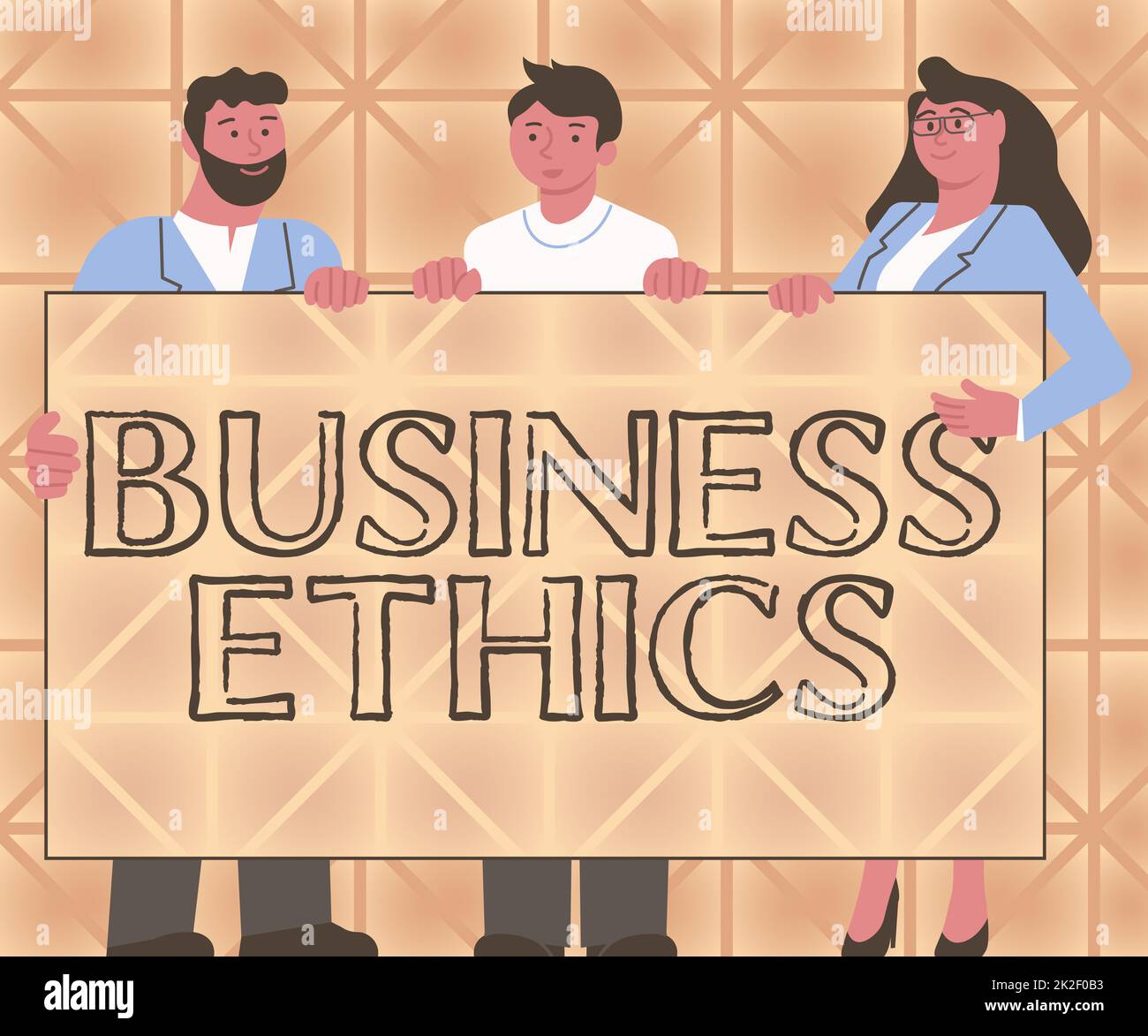 Handwriting text Business Ethics. Business overview Moral principles that guide the way a business behaves Three Colleagues Holding Presentation Board Showing New Ideas. Stock Photo