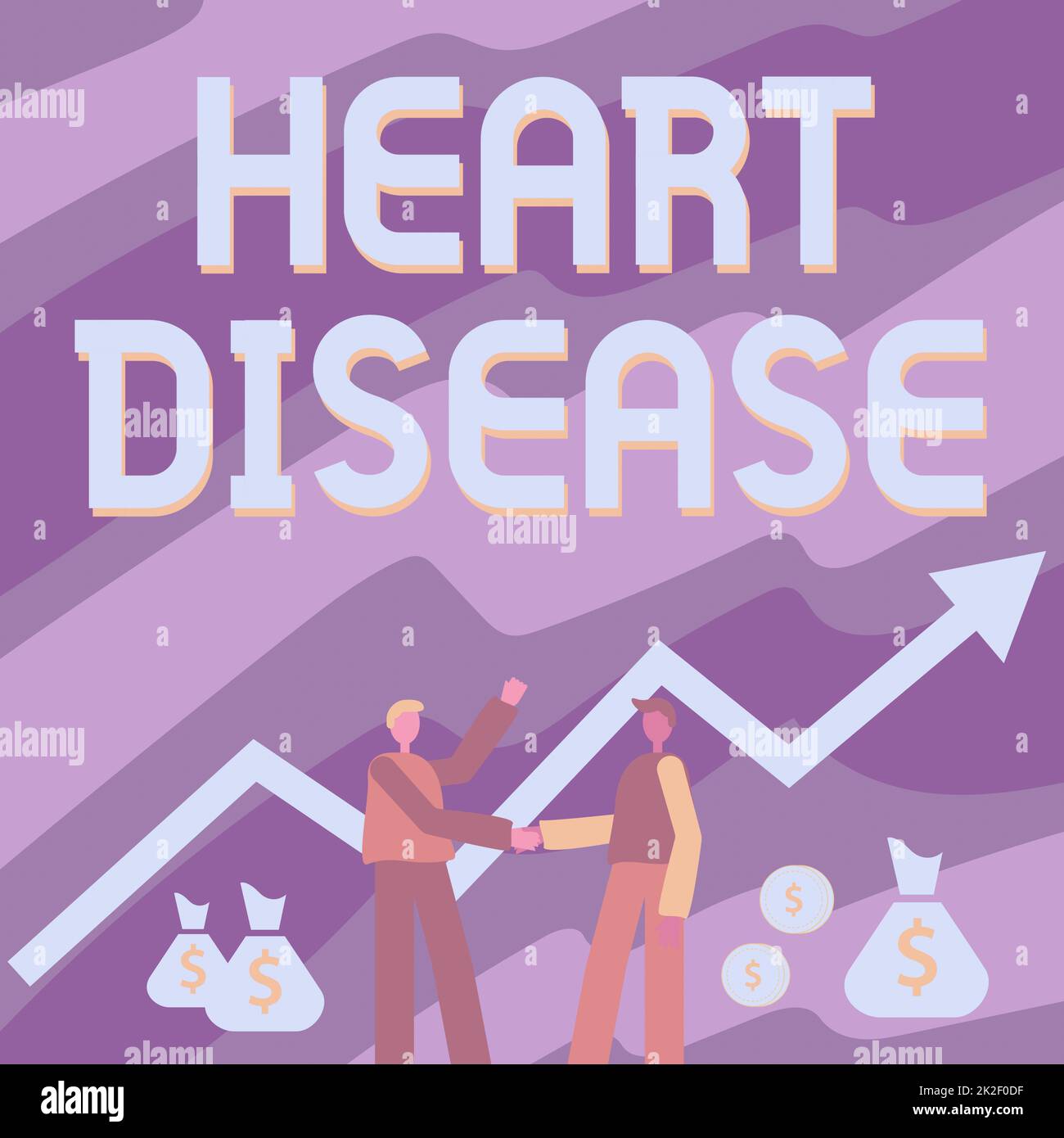 Handwriting text Heart Disease. Business idea Heart disorder Conditions that involve blocked blood vessels Two Men Standing Shaking Hands With Financial Arrow For Growth And Money Bags. Stock Photo