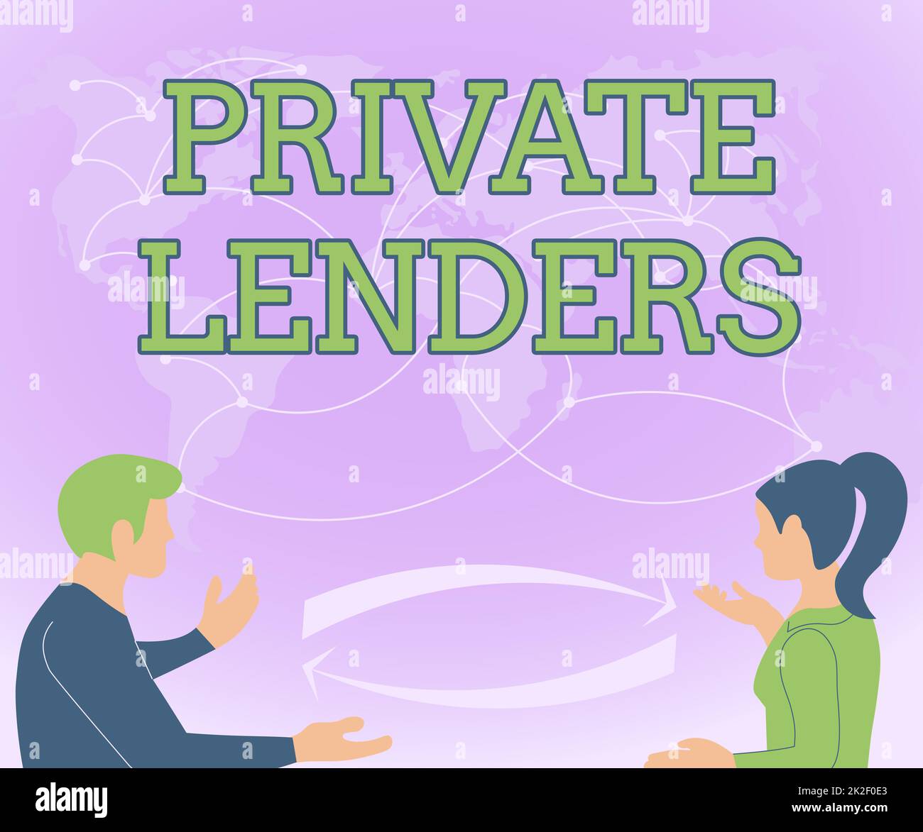 Inspiration showing sign Private Lenders. Conceptual photo a person or organization that lends money to showing Two Teammates Discussing New Ideas World Map Brainstorming New Solutions. Stock Photo