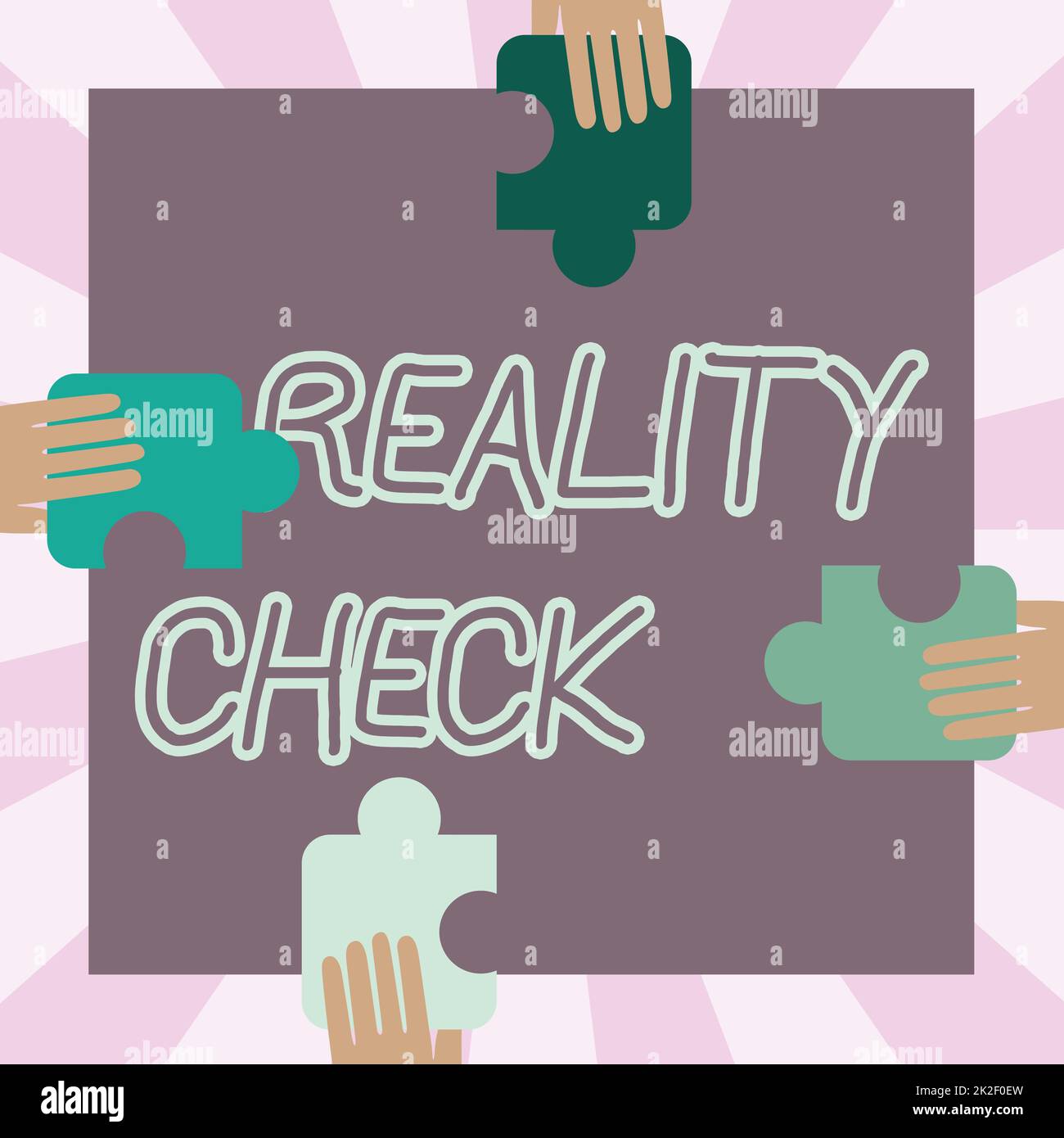 Conceptual caption Reality Check. Business idea one is reminded of the state of things in the real world Illustration Of Hands Holding Puzzle Pieces Each Sides Of Box. Stock Photo